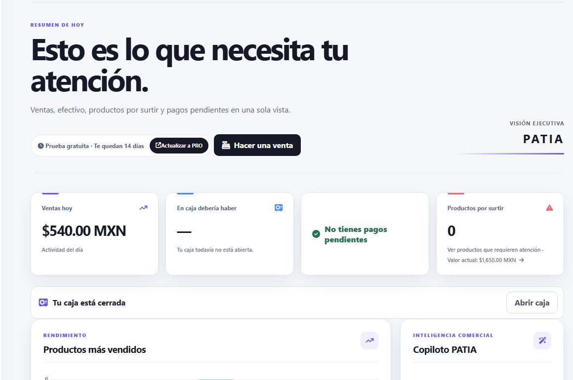 Pantalla real de PATIA con el resumen diario del negocio
